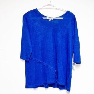 NWT Habitat Linen V Neck Cobalt Blue Button Detail Boxy Tee Womens Sz S/M